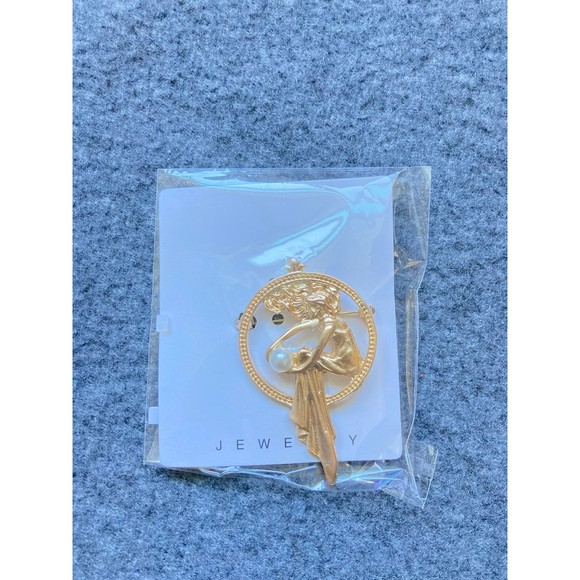 Art Nouveau Muse Brooch Gold Woman Silhouette with Pearl Detail Vintage inspired - Picture 3 of 6